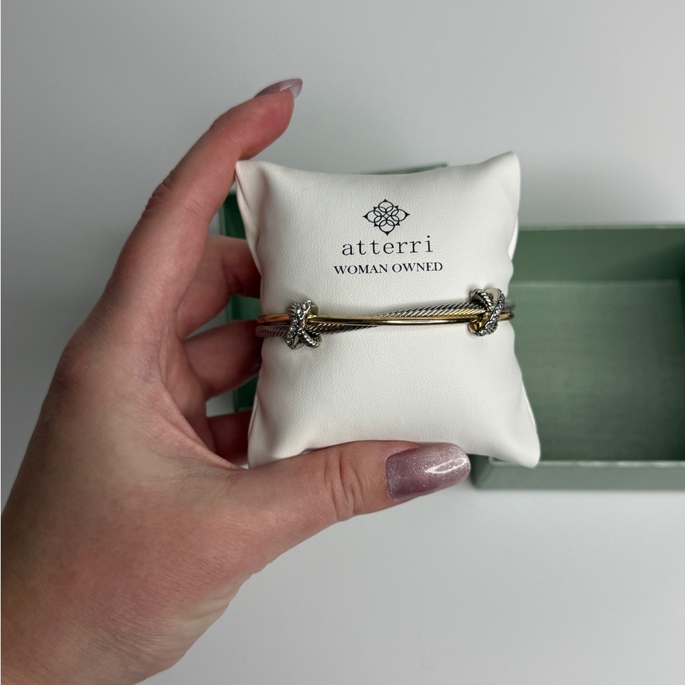 NWT Atterri silver and gold twisted cable crystals cuff bracelet with defect - Picture 3 of 6